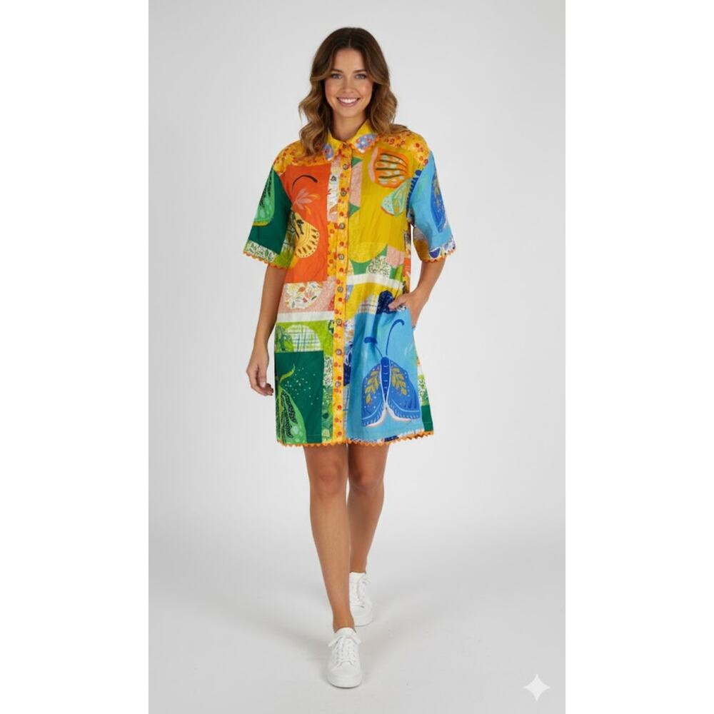 Uncle Frank Butterfly Block Mini Shirt Dress Button Front Womens Size Medium New